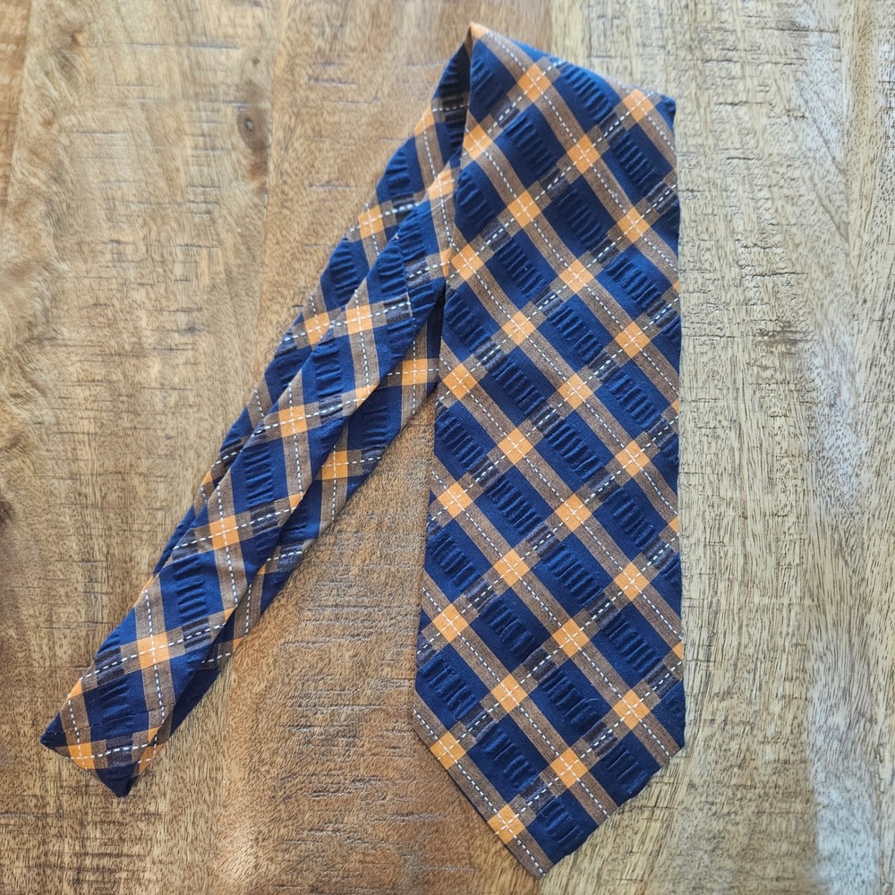Woolf Brothers Vintage Mens Plaid Necktie Navy Blue Orange Cotton Blend 3.25in